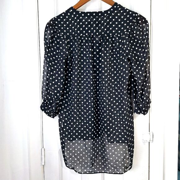 LC Lauren Conrad Sheer Black & White Button-Up Polkadot Puff Sleeve Blouse Sz XS - Picture 4 of 9